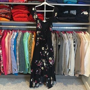 Adam Levine black/pink/yellow floral belted high low v neck maxi dress size XS